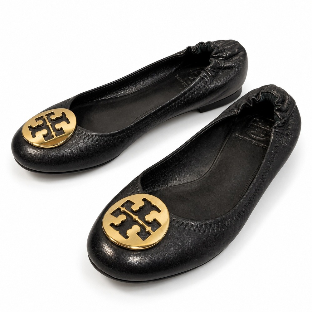 Tory Burch Reva Ballet Flats 7.5 Black Leather Shoes Gold Medallion Classic Chic